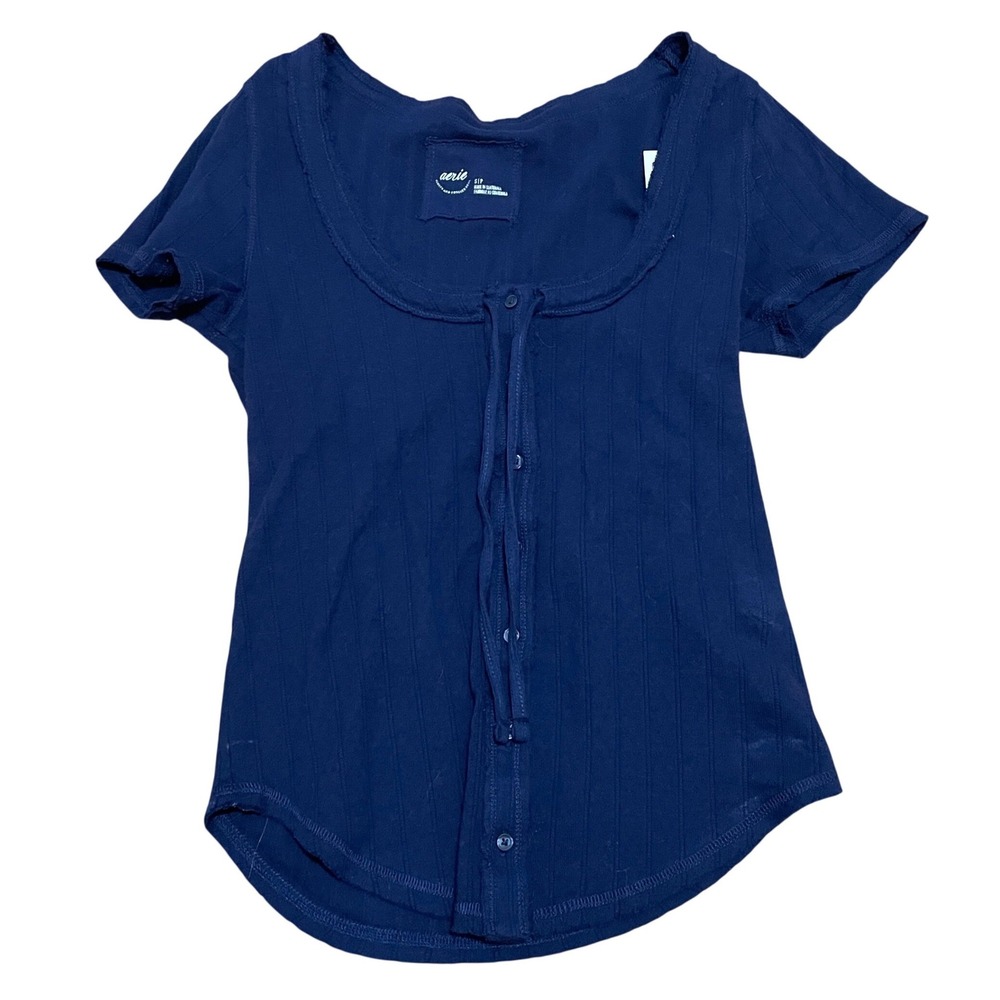 Aerie Women's‎ S Navy Blue Ribbed Button Front Tie Coquette Short Sleeve Top NWT